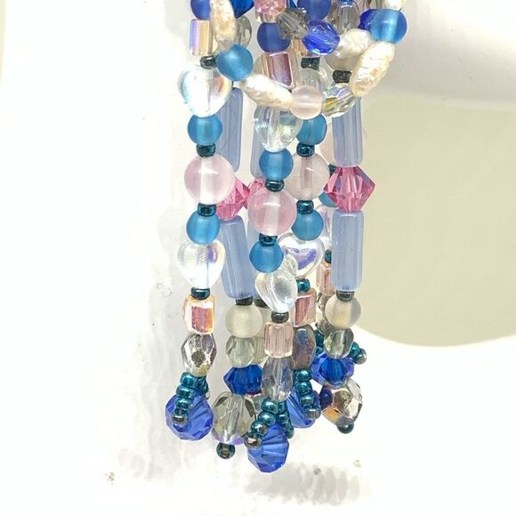 Blue pink ab iridescent festoon chandelier hand beaded large pierced earrings - Picture 10 of 12